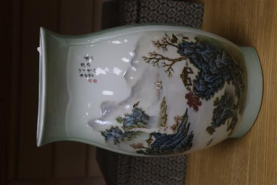 A Chinese celadon ground vase decorated with landscapes H. 34cm